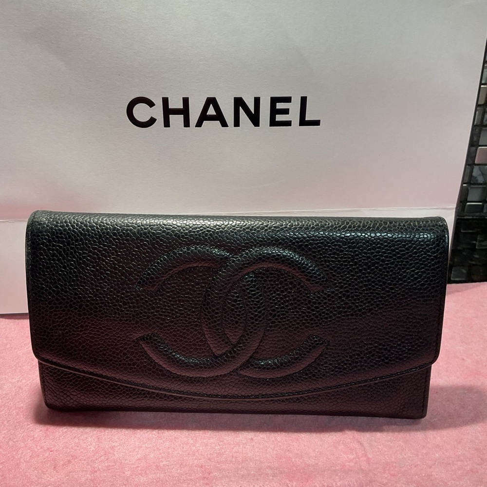Chanel Textured Black Leather Wristlet